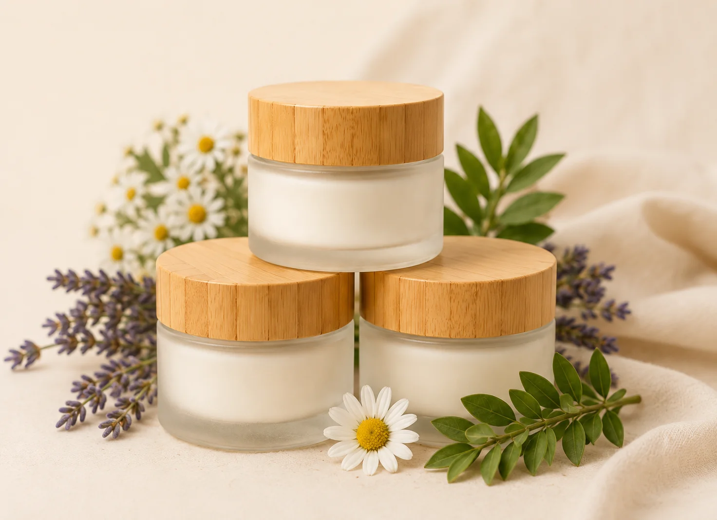 Three jars of Éala Natural Balm with bamboo lids surrounded by flowers and foliage