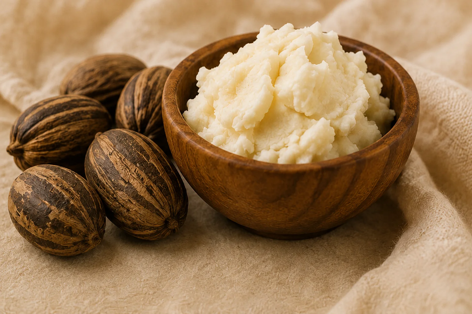 Unrefined shea butter in a wooden bowl